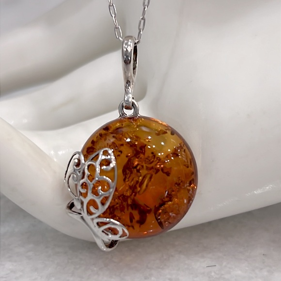 Jewelry - Baltic Amber Sterling Silver Pendant with Butterfly Detail Necklace